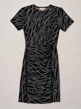 MICHAEL Michael Kors Black Chain Print Draped Faux Wrap Dress XS